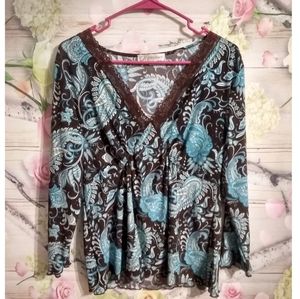 Dressbarn brown and blue lace v-neck Paisley top L